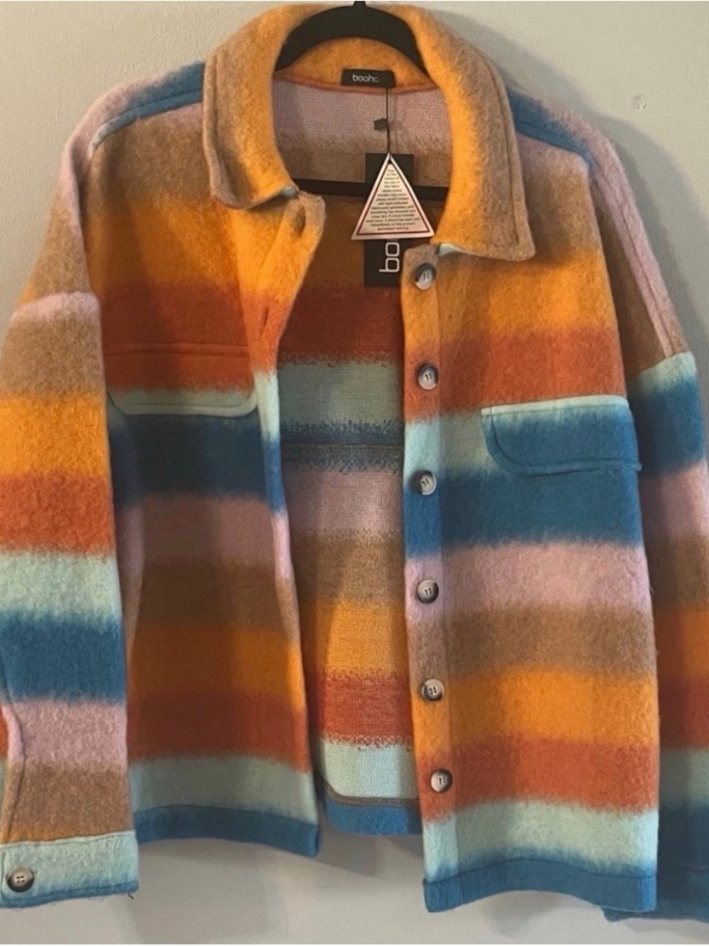 Boohoo Multicolor Striped Shacket in Orange, Blue & Pink